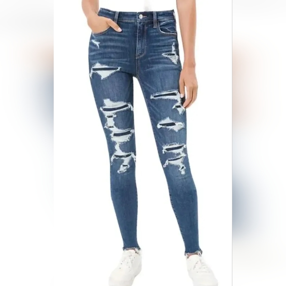 American Eagle Jeans Next Level Stretch Distressed Denim High Rise Jegging Sz 2